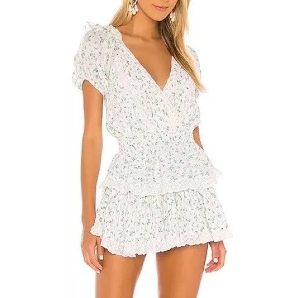 LoveShackFancy Carlo Mini Dress in Blue Bonnet Floral Tier Ruffles Size XS